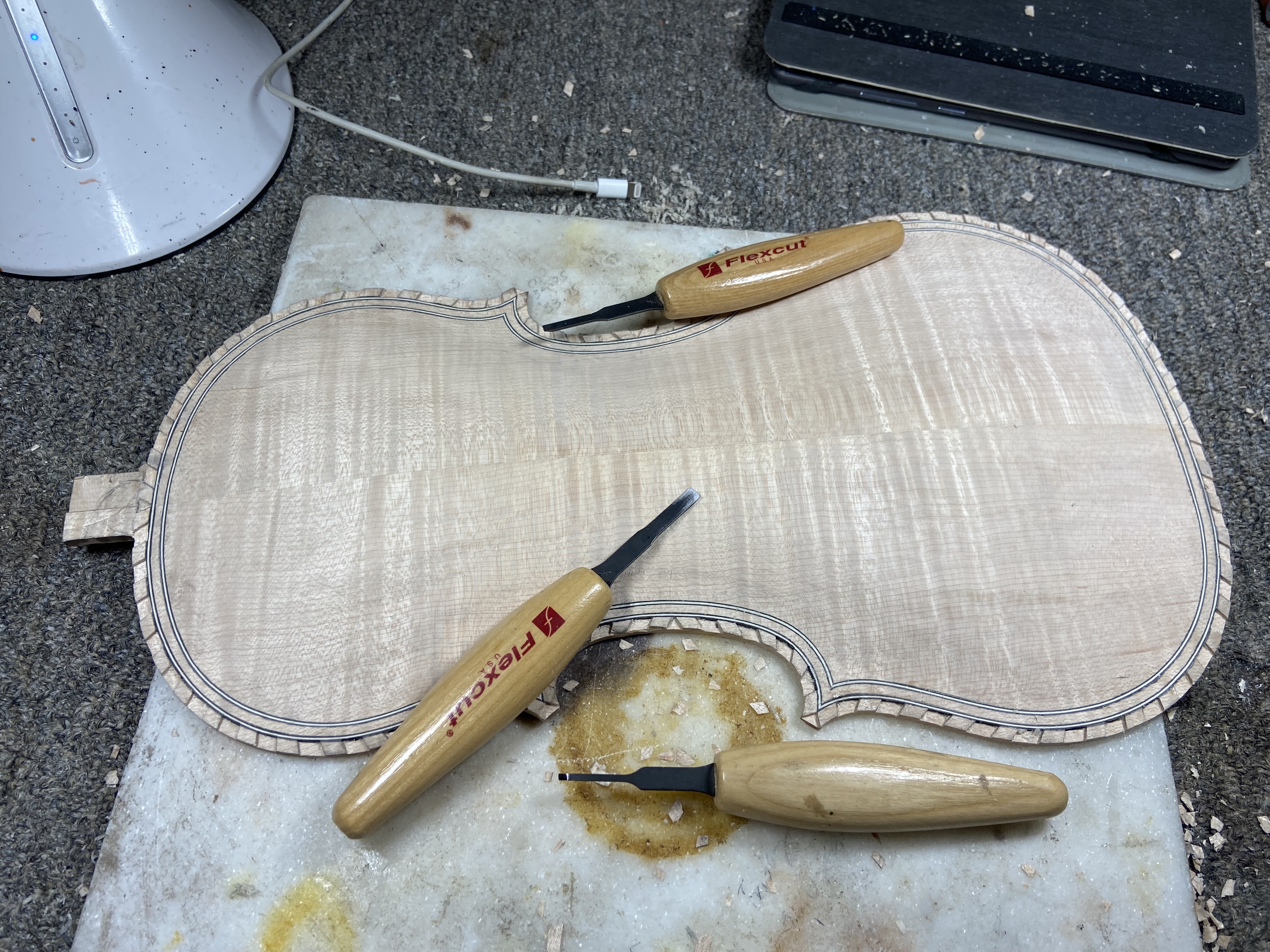 back purfling added and inlay slots carved